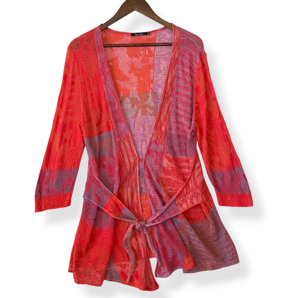 Nic + Zoe Cardigan XL Orange Pink Linen Open Knit Belted Artsy Boho Chic Texture